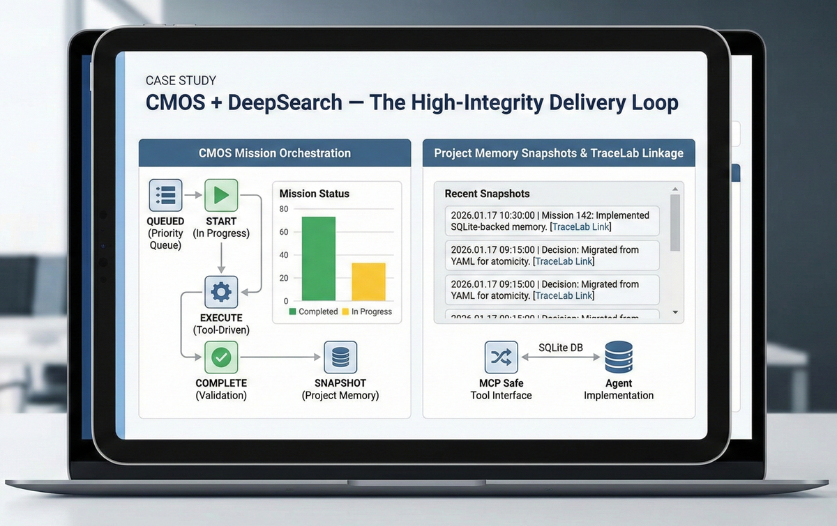 CMOS dashboard showing mission status and project memory snapshots
