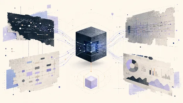A central glowing cube, the object, linked by flowing lines to four surrounding panels: a network graph, code, data tables, and a dashboard. The four partial views that never add up to the whole.