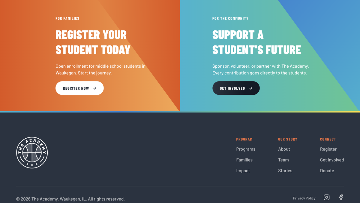 The Academy website's closing sections: an orange Register Your Student Today panel for families, a teal and blue Support a Student's Future panel for the community, and the footer with the emblem and its navigation.