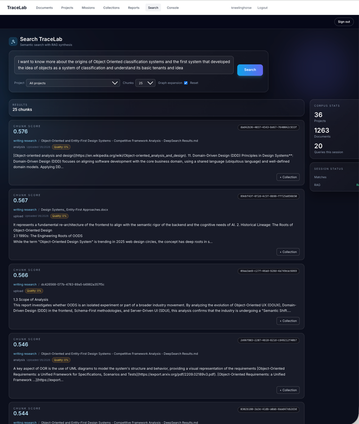 TraceLab knowledge management interface showing projects and validated insights
