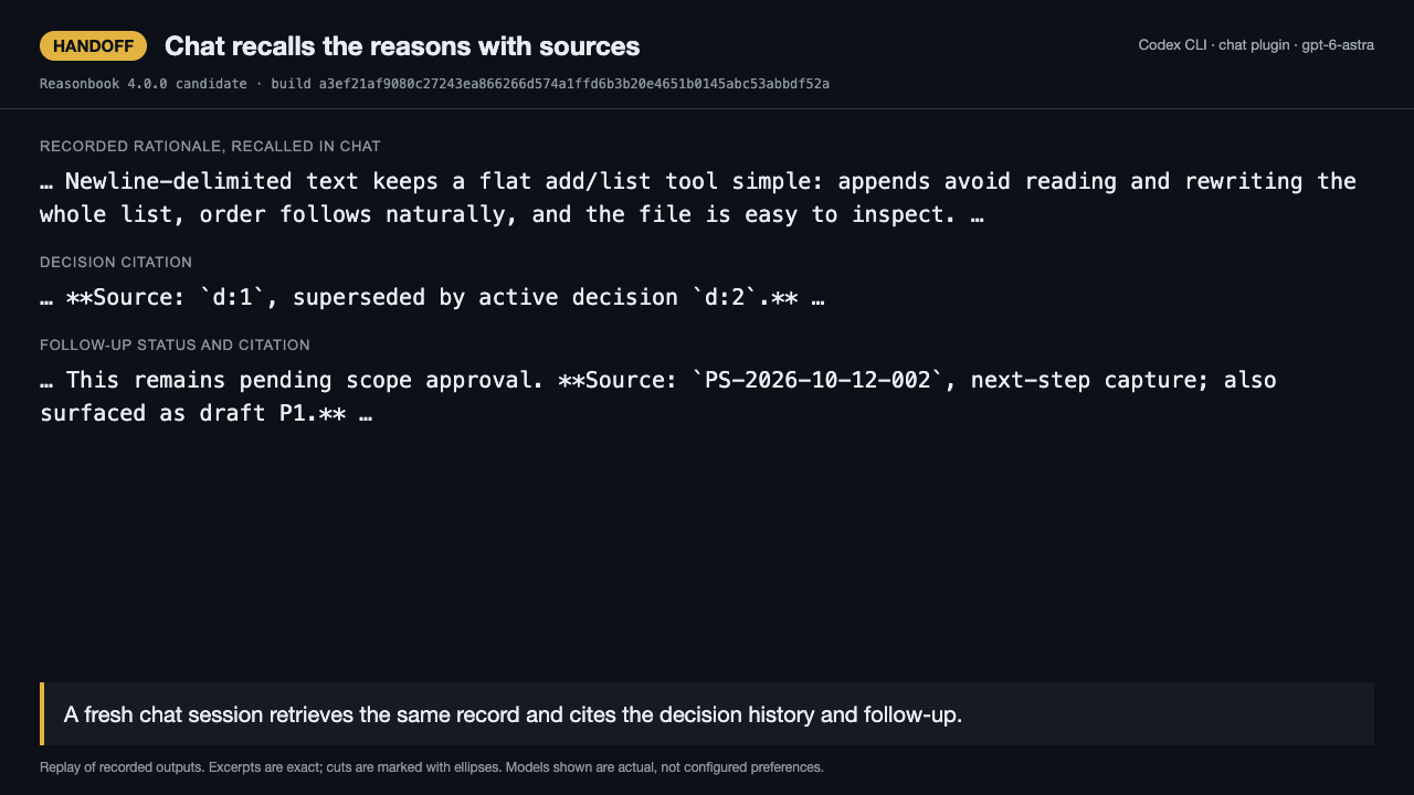 The chat plugin explains the saved rationale and cites the corrected decision and a pending follow-up.