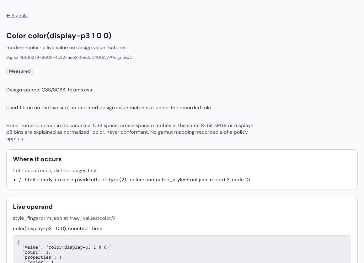 One Stage1 finding, opened: a live color value that matches no declared design value, with its design source, where it occurs on the page, and the recorded value it was read from.
